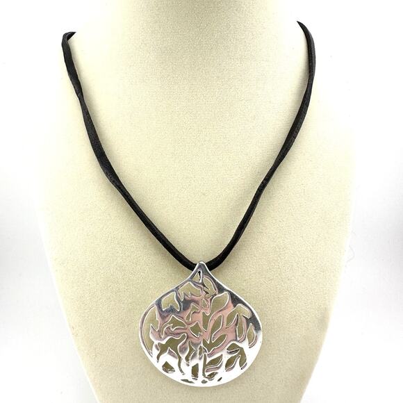 18” Fossil Dark Brown Leather Cord Abstract Silver Tone Pendant Necklace - Picture 1 of 6